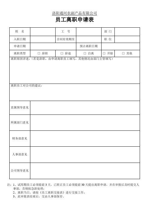 员工离职申请表(必备)