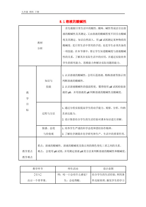 九年级化学下册第八章常见的酸碱盐8.1溶液的酸碱性教案