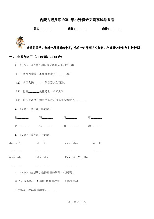 内蒙古包头市2021年小升初语文期末试卷B卷