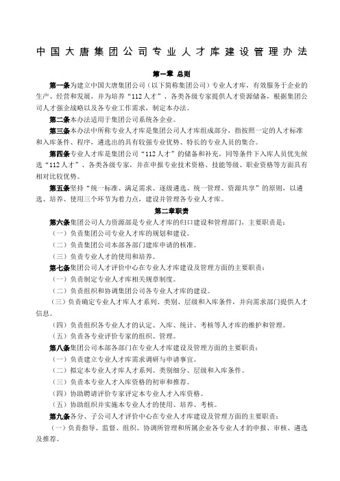 中国大唐集团公司专业人才库建设管理办法