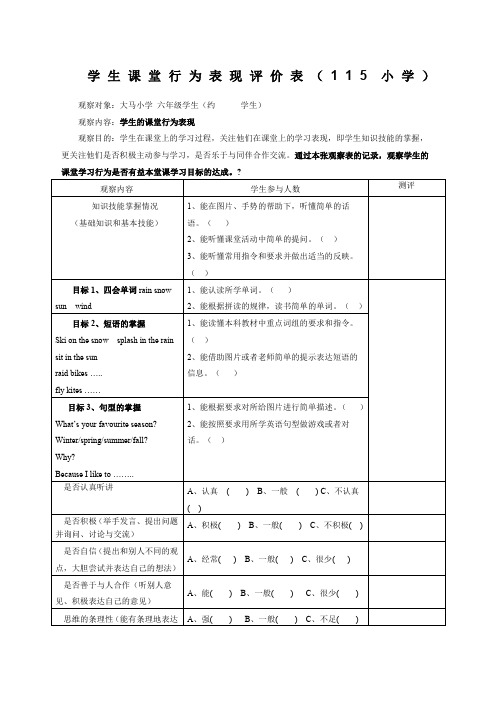 学生课堂行为表现评价表