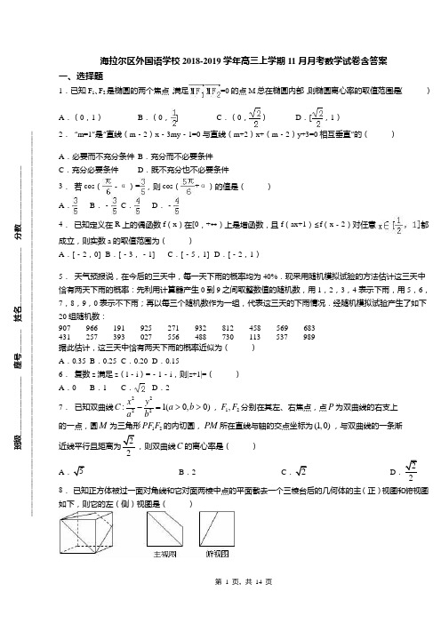 海拉尔区外国语学校2018-2019学年高三上学期11月月考数学试卷含答案