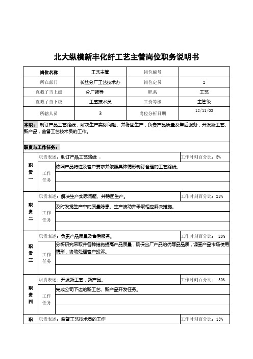 北大纵横新丰化纤工艺主管岗位职务说明书