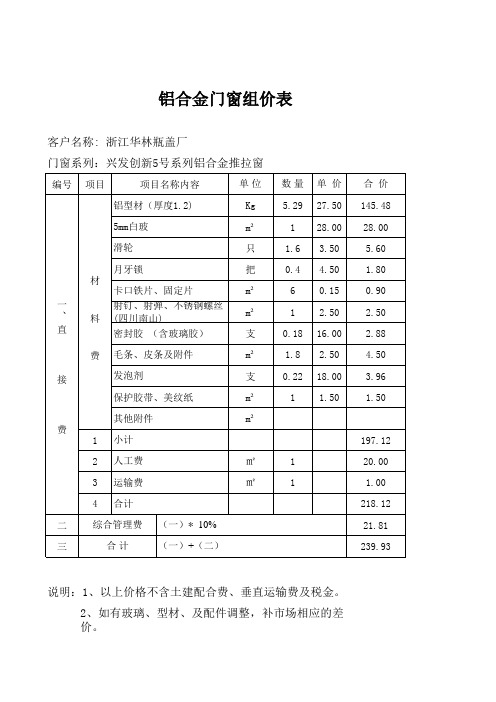 铝合金门窗报价表