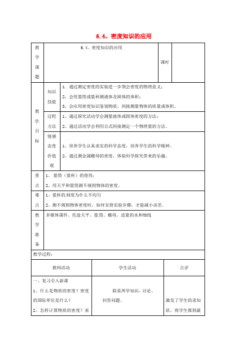 江苏省连云港市新浦区八年级物理下册 6.4 密度知识的应用教案 (新版)苏科版