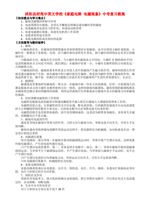 江苏省沭阳县府苑中英文学校中考物理《家庭电路 电磁现象》复习教案