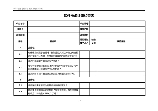 软件需求评审检查表模板