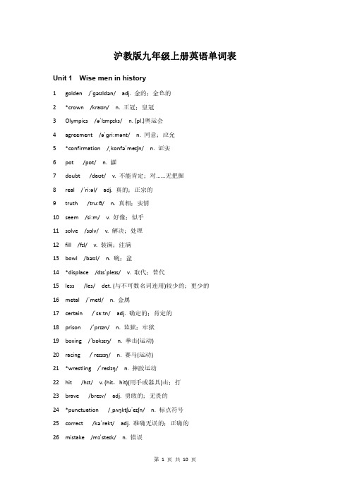 沪教版 九年级上册英语单词表