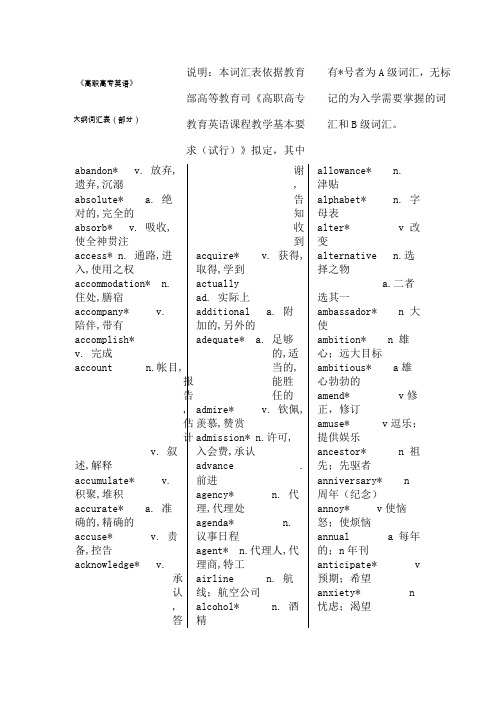 高职高专教育英语课程基本要求大纲核心词汇表全