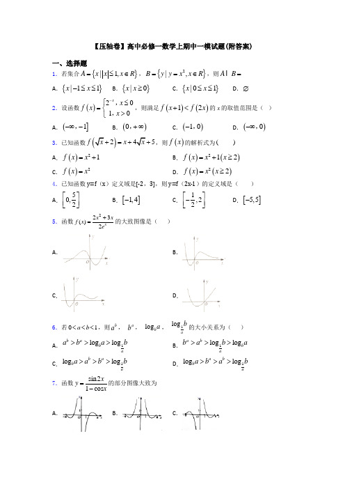 【压轴卷】高中必修一数学上期中一模试题(附答案)