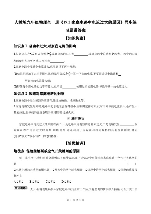 人教版九年级物理全一册《19.2家庭电路中电流过大的原因》同步练习题带答案