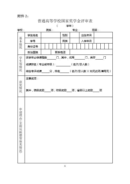 国家奖学金、助学金系列评审表