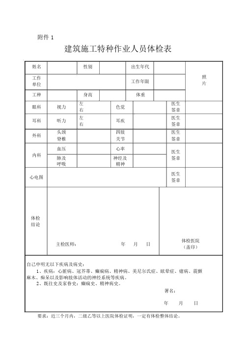 特种工体检表及标准