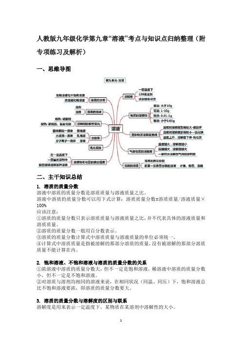 人教版九年级化学第九单元“溶液”考点与知识点归纳整理(附专项练习及解析)