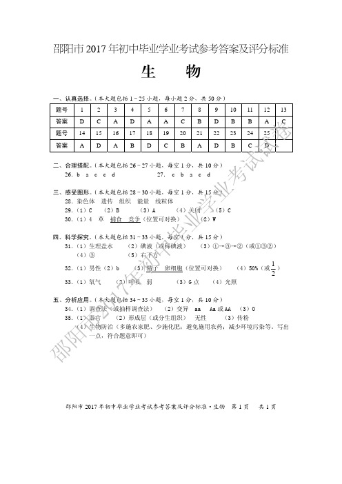 2017初中毕业学业考试试题-生物答案