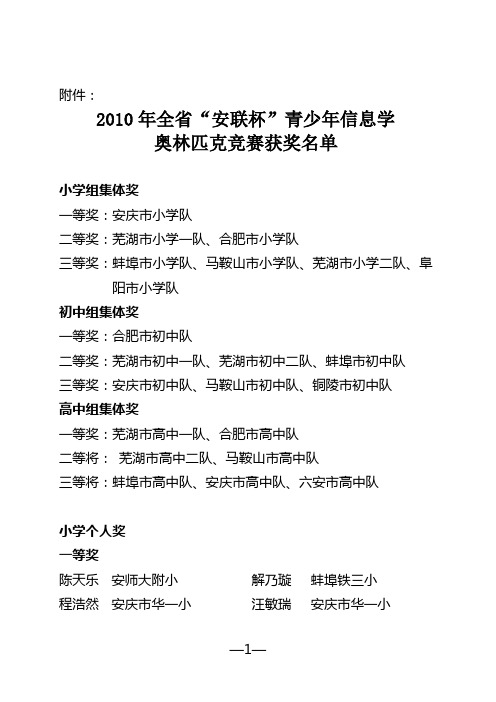 2010“安联杯”全省青少年信息学奥林匹克竞赛获奖名单