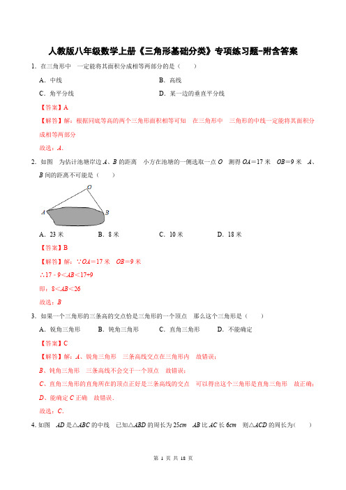 人教版八年级数学上册《三角形基础分类》专项练习题-附含答案