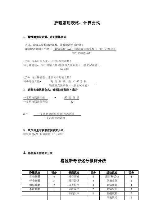 护理常用公式、评估表