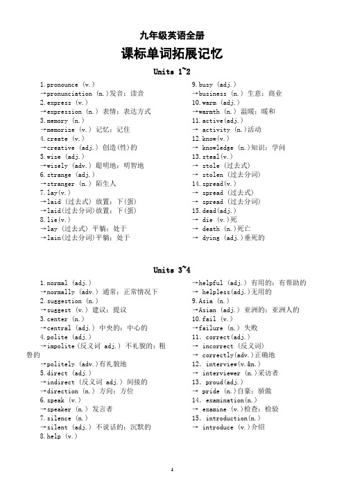 初中英语人教版九年级全册课标单词拓展记忆汇总