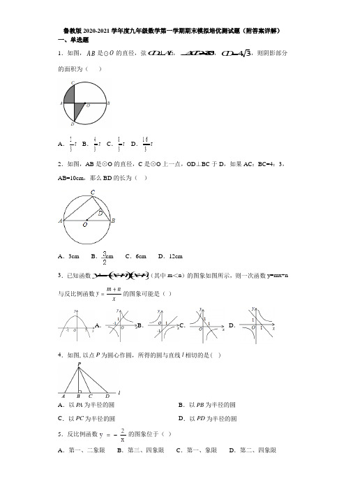 鲁教版2020-2021学年度九年级数学第一学期期末模拟培优测试题(附答案详解)