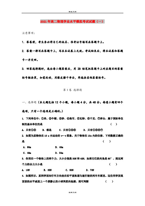 2021年高二物理学业水平模拟考试试题(一)