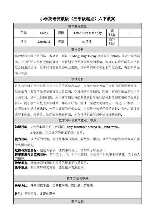 2024年冀教版小学六年级英语下册教案表格式全册Unit 3 Lesson 18