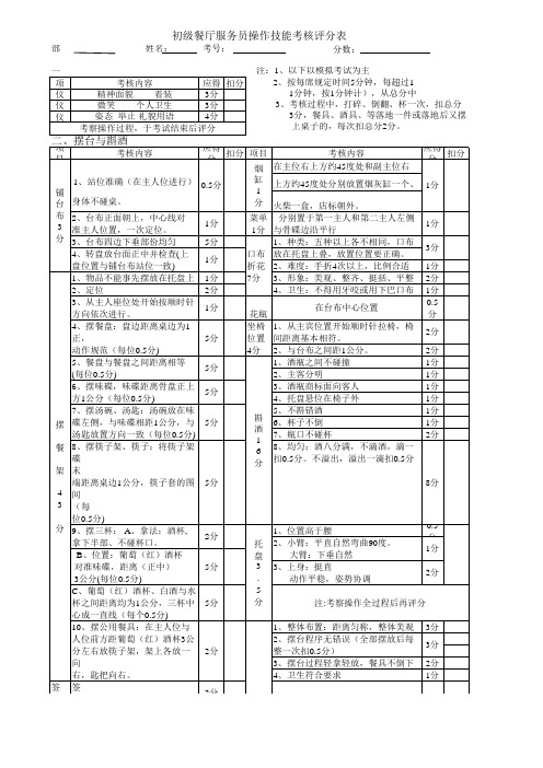 初级餐厅服务员操作技能考核评分表