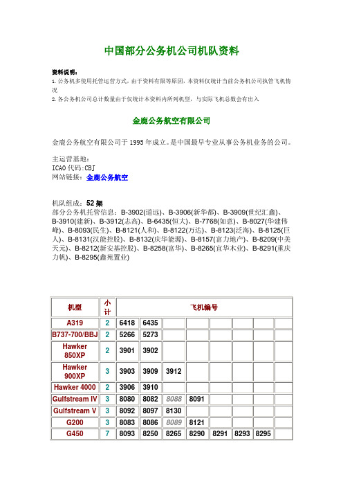 中国部分公务机公司机队资料