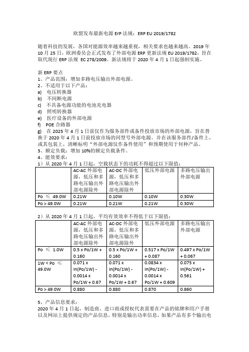 欧盟发布最新电源ErP法规：ERP EU 20191782