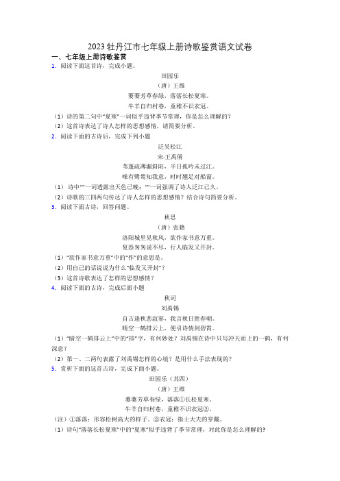 2023牡丹江市七年级上册诗歌鉴赏语文试卷