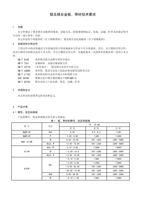 镁及镁合金板、带材技术要求