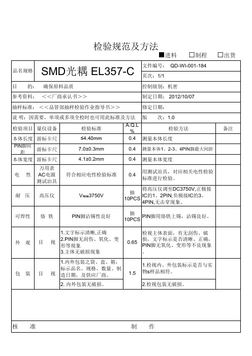 NO 184  SMD光耦EL357-C进料检验规范