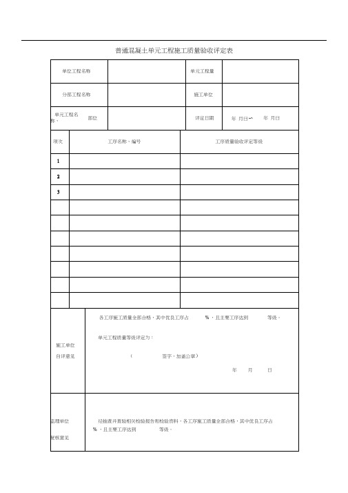 普通混凝土单元工程施工质量验收评定表