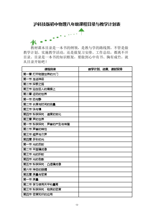 沪科技版初中物理八年级课程目录与教学计划表