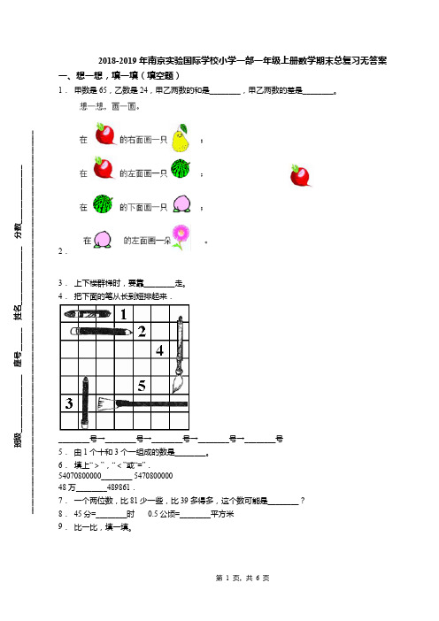 2018-2019年南京实验国际学校小学一部一年级上册数学期末总复习无答案