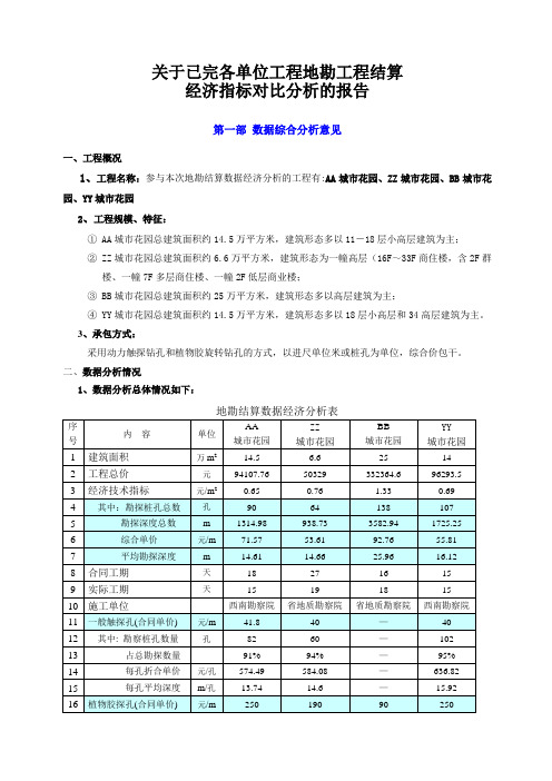 关于已完各单位工程地勘工程结算经济指标对比分析的报告