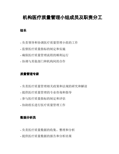 机构医疗质量管理小组成员及职责分工