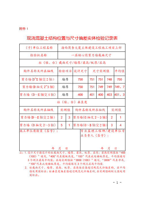 现浇混凝土结构位置与尺寸偏差实体检验记录表