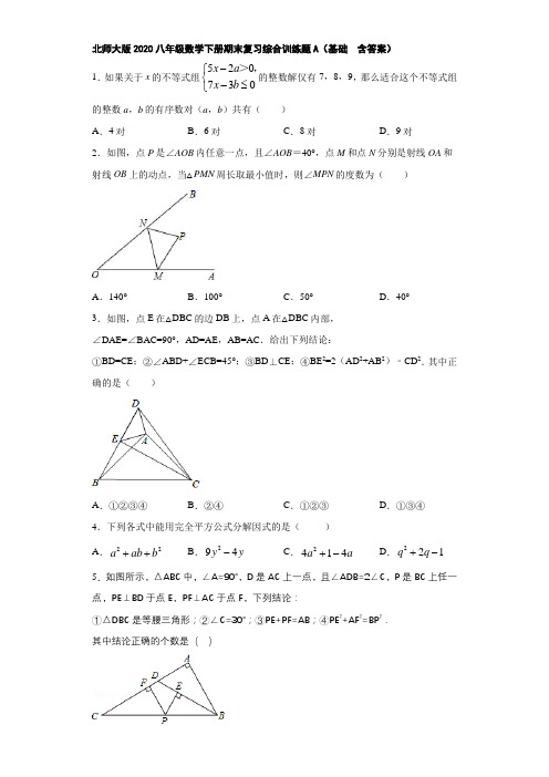北师大版2020八年级数学下册期末复习综合训练题A(基础  含答案)