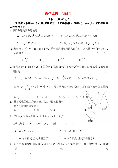 唐山一中度高二数学第一学期第二次月考试题 理