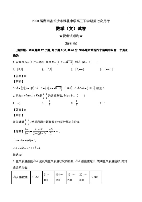 2020届湖南省长沙市雅礼中学高三下学期第七次月考数学(文)试卷及解析