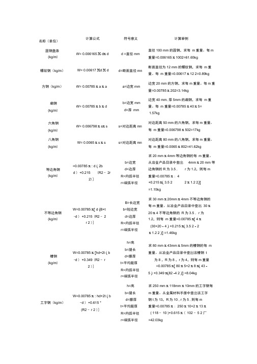 方钢实际重量计算式及重量表