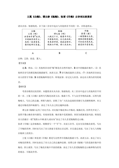 王冕《白梅》、谭元春《瓶梅》、张谓《早梅》古诗词比较赏析