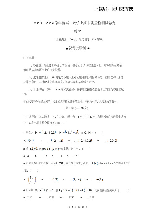 【优质文档】2018–2019学年度高一数学上学期期末质量检测试卷九含答案