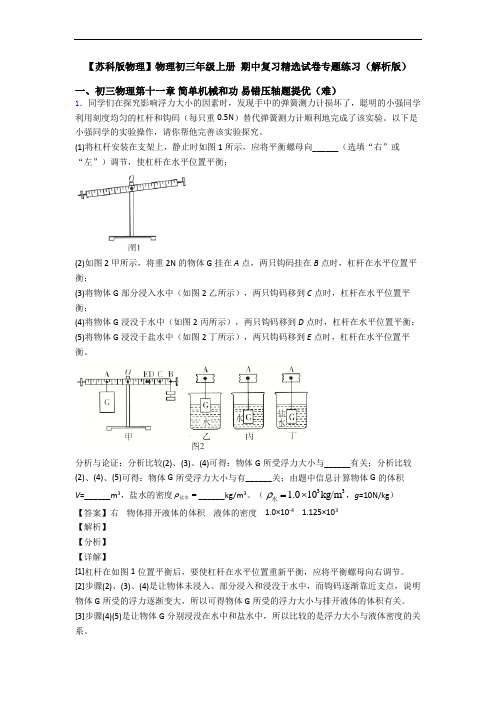 【苏科版物理】物理初三年级上册 期中复习精选试卷专题练习(解析版)