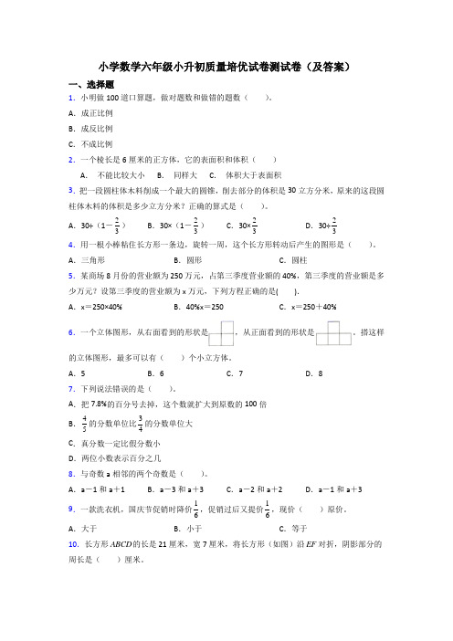 小学数学六年级小升初质量培优试卷测试卷(及答案)