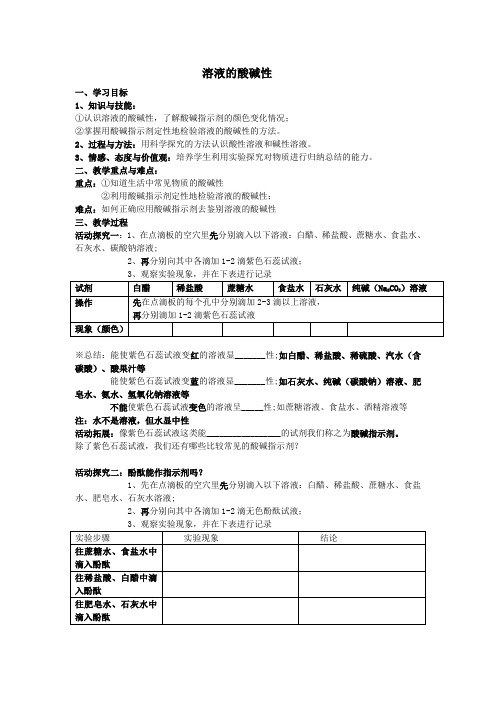 沪教版9下化学 7.1溶液的酸碱性 教案