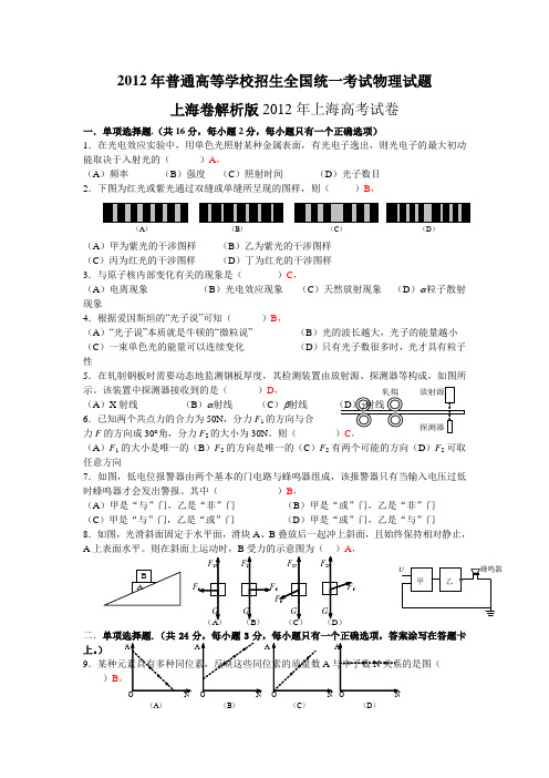 2012上海物理卷