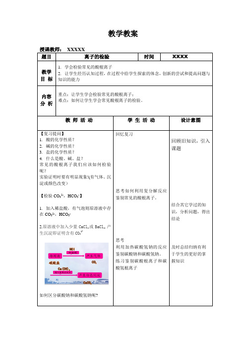 人教版九年级化学下册 第十一单元 课题1 生活中常见的盐——离子检验 教案设计