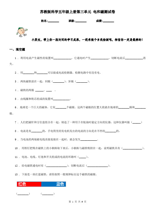 苏教版科学五年级上册第三单元 电和磁测试卷